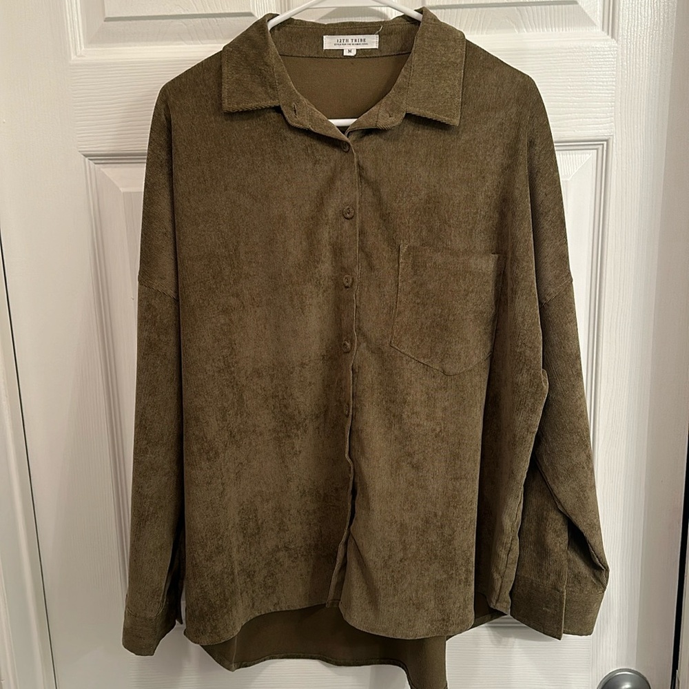 12th Tribe olive green textured long sleeve shirt